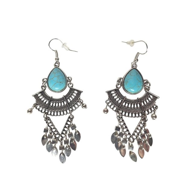 Boho Dangle Earrings Teardrop Faux Turquoise Silver Tone Ethnic Gypsy Festival - Picture 1 of 2